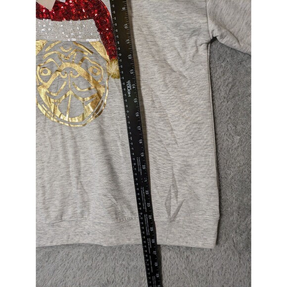 NWT Gray Sequin Santa Pug Sweatshirt Size Medium Christmas Cute Graphic Gold - Picture 10 of 11